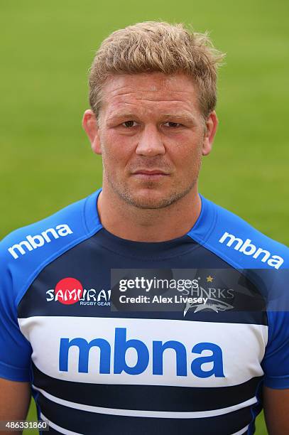 Daniel Braid of Sale Sharks poses for a portrait at the photocall held at the AJ Bell Stadium on September 3, 2015 in Salford, England.