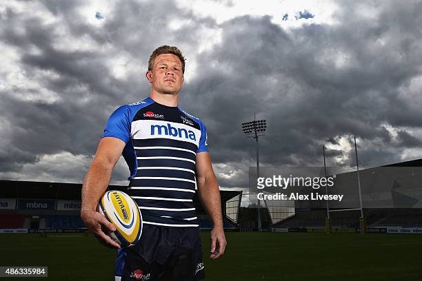 Daniel Braid of Sale Sharks poses for a portrait at the photocall held at the AJ Bell Stadium on September 3, 2015 in Salford, England.