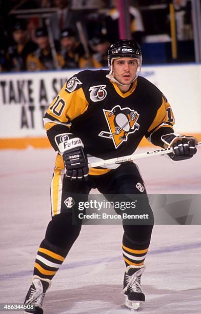 Ron Francis of the Pittsburgh Penguins skates on the ice during the 1992 Division Finals against the New York Rangers in May, 1992 at the Madison...