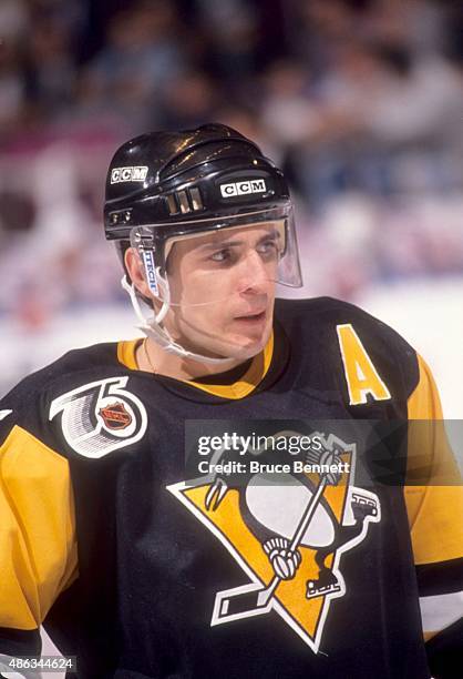 Ron Francis of the Pittsburgh Penguins skates on the ice during the 1992 Division Finals against the New York Rangers in May, 1992 at the Madison...