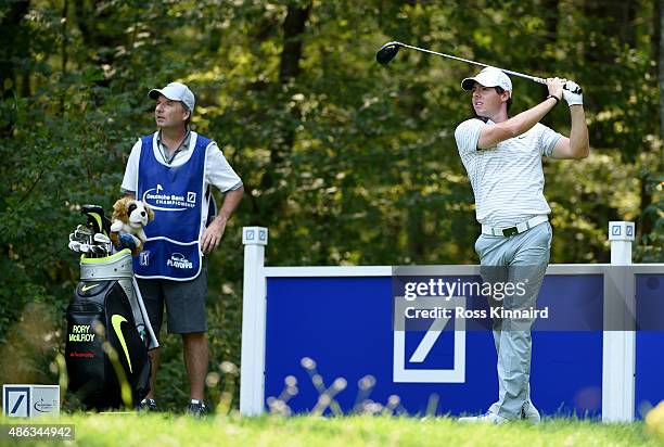 Rory McIlroy of Northern Ireland in action during the pro-am event prior to the Deutsche Bank Championship at TPC Boston on September 3, 2015 in...