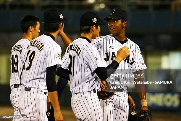 Outfielder Louis Okoye of Japan in action during in the super round game between Japan v Canada during the 2015 WBSC U-18 Baseball World Cup at the...