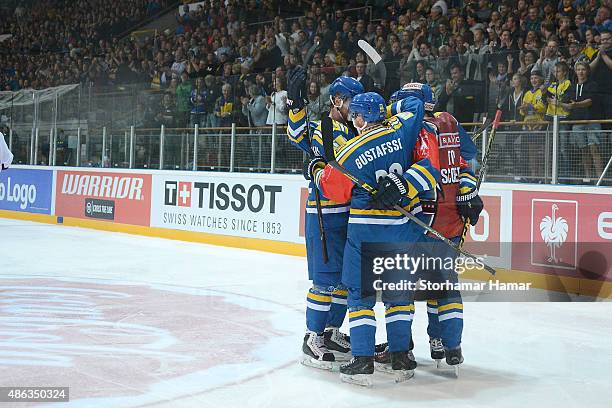 Storhamar Hamar celebrates in front of over 5000 people during the Champions Hockey League group stage game between Storhamar Hamar and...