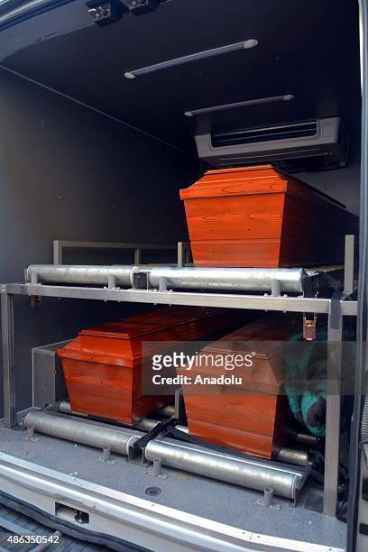 Coffins of Syrian children Aylan his brother Galip and their mother Zahin Kurdi who drowned after their boat sank en route to the Greek islands in...