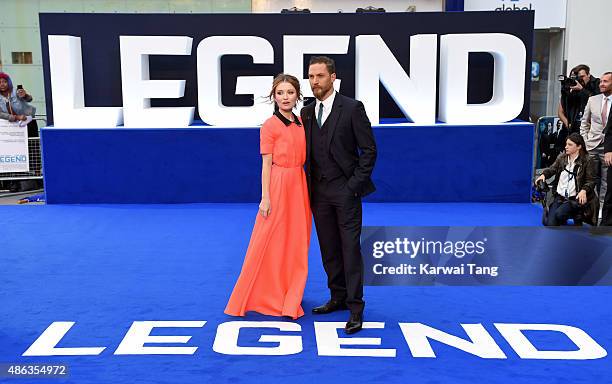 Emily Browning and Tom Hardy attend the world premiere of "Legend" at Odeon Leicester Square on September 3, 2015 in London, England.