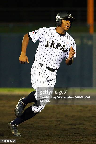 Outfielder Louis Okoye of Japan in action during in the bottom half of the seventh inning in the super round game between Japan v Canada during the...