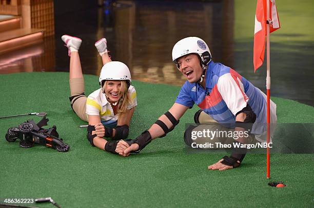 Cameron Diaz and Jimmy Fallon play a game of "Roller Golf" during a taping of "The Tonight Show Starring Jimmy Fallon" at Rockefeller Center on April...