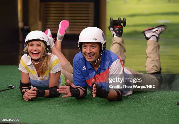 Cameron Diaz and Jimmy Fallon play a game of "Roller Golf" during a taping of "The Tonight Show Starring Jimmy Fallon" at Rockefeller Center on April...