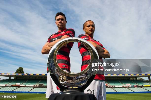 Shinji Ono and Michael Beauchamp of the Western Sydney Wanderers pose with the A-League Championship Trophy at Pirtek Stadium on April 24, 2014 in...