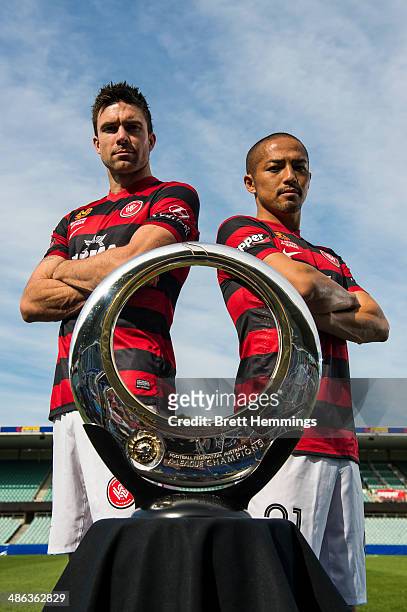 Shinji Ono and Michael Beauchamp of the Western Sydney Wanderers pose with the A-League Championship Trophy at Pirtek Stadium on April 24, 2014 in...