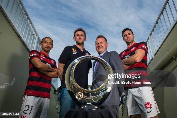 Shinji Ono, Tony Popovic, Damien de Bohun and Michael Beauchamp of the Western Sydney Wanderers pose with the A-League Championship Trophy at Pirtek...