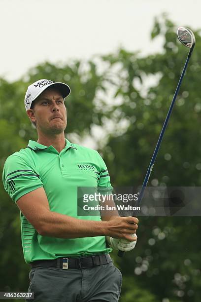 Henrik Stenson of Sweden in action during round one of the 2014 Volvo China Open at Genzon Golf Club on April 24, 2014 in Shenzhen, China.