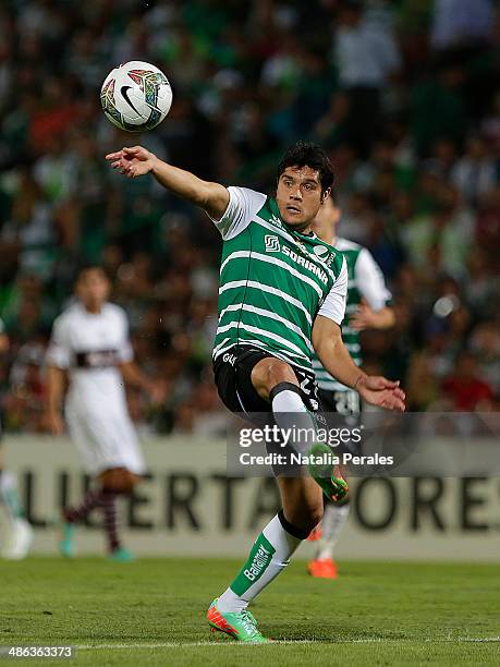 Javier Orozco of Santos during a second round match between Santos and Lanus as part of the Copa Bridgestone Libertadores 2014 at Corona Stadium on...