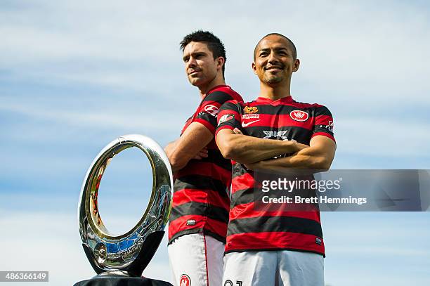 Shinji Ono and Michael Beauchamp of the Western Sydney Wanderers pose with the A-League Championship Trophy at Pirtek Stadium on April 24, 2014 in...