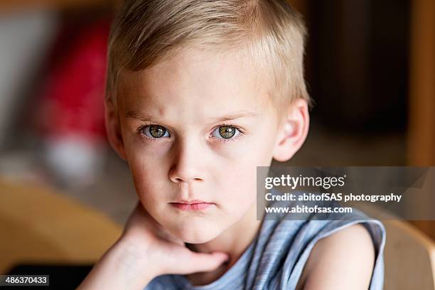young blonde boy staring at camera - bambina bionda occhi verdi foto e immagini stock