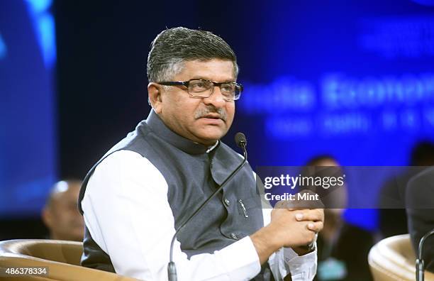 Union Minister of Law and Justice, Communication & Info Technology, Ravi Shankar Prasad speaks during the India Economic Summit 2014 at the World...