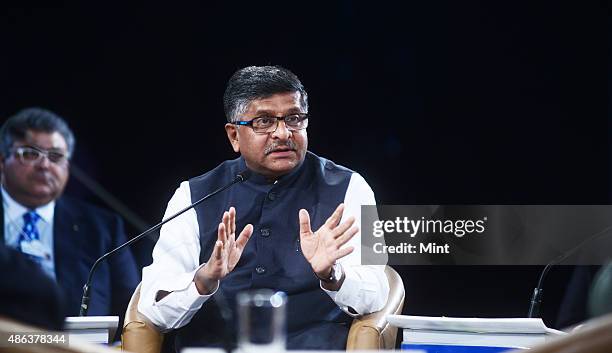 Union Minister of Law and Justice, Communication & Info Technology, Ravi Shankar Prasad speaks during the India Economic Summit 2014 at the World...