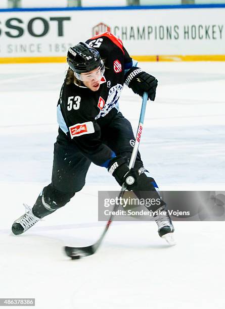 Thomas Spelling of Vojens shoots during the Champions Hockey League group stage game between SonderjyskE Vojens and HV71 Jonkoping on September 3,...