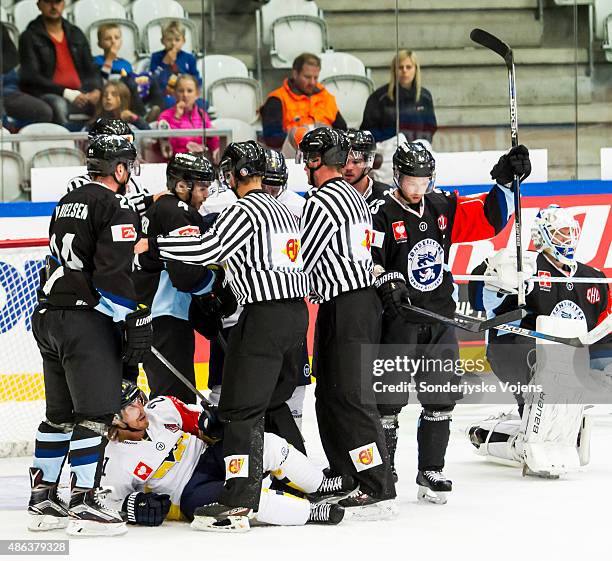 Players fight after Jonkoping tries to get a goal during the Champions Hockey League group stage game between SonderjyskE Vojens and HV71 Jonkoping...