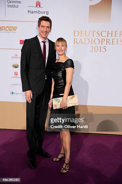 Steffen Hallaschka and his wife poses during the Deutscher Radiopreis 2015 at Schuppen 52 on September 3, 2015 in Hamburg, Germany.
