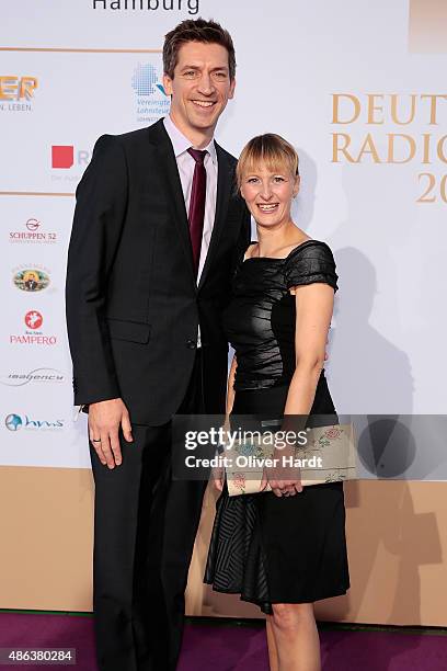 Steffen Hallaschka and his wife poses during the Deutscher Radiopreis 2015 at Schuppen 52 on September 3, 2015 in Hamburg, Germany.