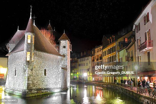 annecy city by night with stars - island castle stock pictures, royalty-free photos & images