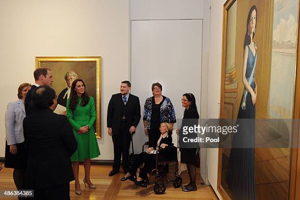 Catherine, Duchess of Cambridge and Prince William, Duke of Cambridge look at a portrait of HRH Crown Princess Mary of Denmark during a visit to the...
