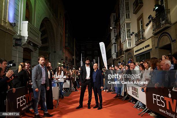 Actors Ruben Cortada and Pepe Viyuela attend the "Olmos Y Robles" premiere during the 7th FesTVal Television Festival 2015 at the Principal Theater...