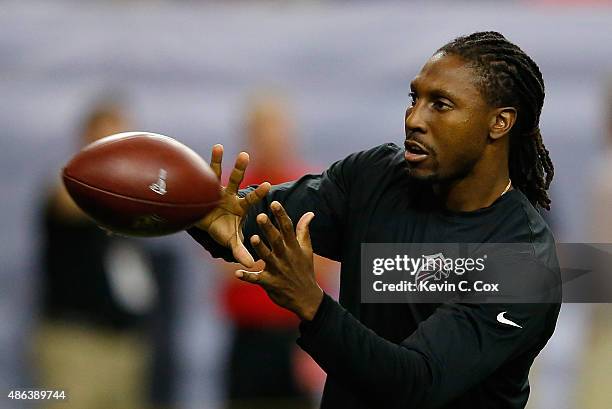 Roddy White of the Atlanta Falcons warms up prior to facing the Baltimore Ravens at Georgia Dome on September 3, 2015 in Atlanta, Georgia.