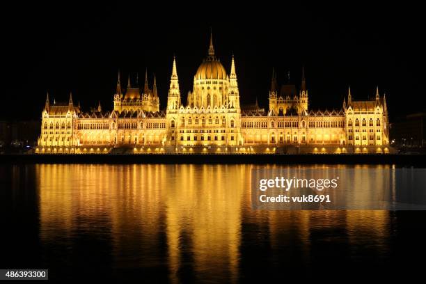 del parlamento ungherese di notte - danube river foto e immagini stock