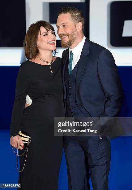 Charlotte Riley and Tom Hardy attend the world premiere of "Legend" at Odeon Leicester Square on September 3, 2015 in London, England.