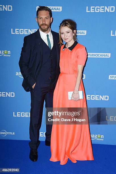 Tom Hardy and Emily Browning attend the UK Premiere of "Legend" at Odeon Leicester Square on September 3, 2015 in London, England.