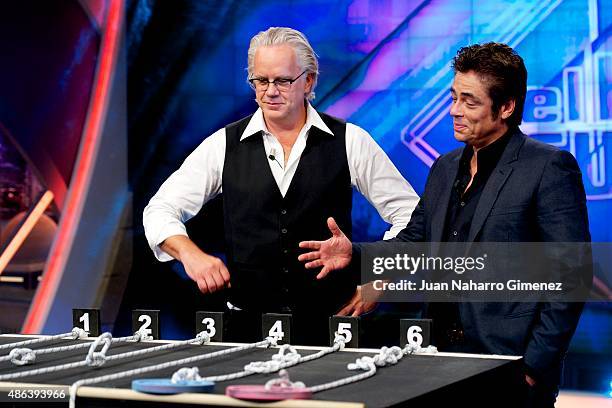 Tim Robbins and Benicio del Toro attend 'El Hormiguero' TV show at Vertice Studio on September 3, 2015 in Madrid, Spain.