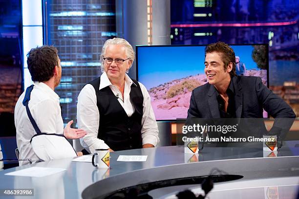 Pablo Motos, Tim Robbins and Benicio del Toro attend 'El Hormiguero' TV show at Vertice Studio on September 3, 2015 in Madrid, Spain.