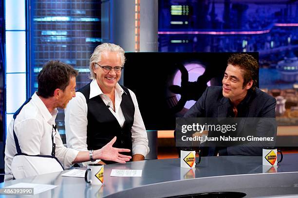 Pablo Motos, Tim Robbins and Benicio del Toro attend 'El Hormiguero' TV show at Vertice Studio on September 3, 2015 in Madrid, Spain.