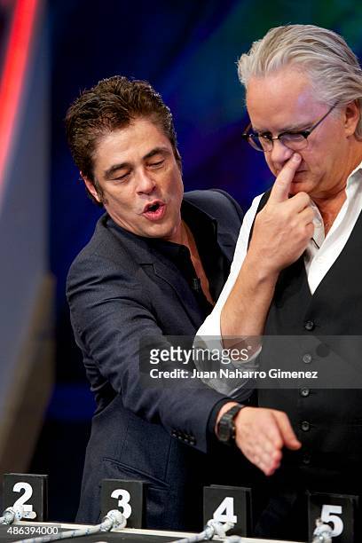 Tim Robbins and Benicio del Toro attend 'El Hormiguero' TV show at Vertice Studio on September 3, 2015 in Madrid, Spain.