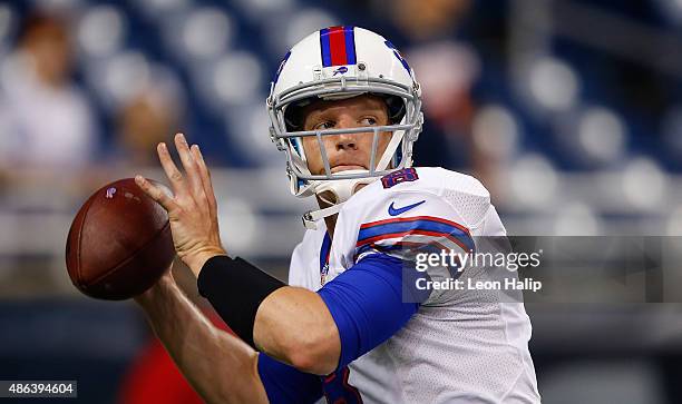 Matt Simms of the Buffalo Bills warmups prior to the start of the game against the Detroit Lions during the preseason game on September 3, 2015 at...