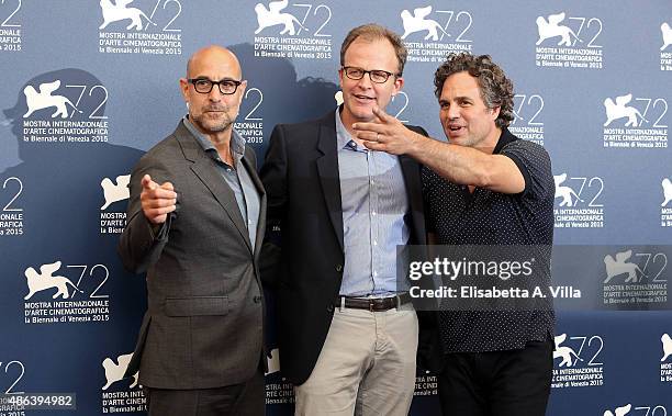 Stanley Tucci, Thomas McCarthy and Mark Ruffalo attend a photocall for 'Spotlight' during the 72nd Venice Film Festival on September 3, 2015 in...