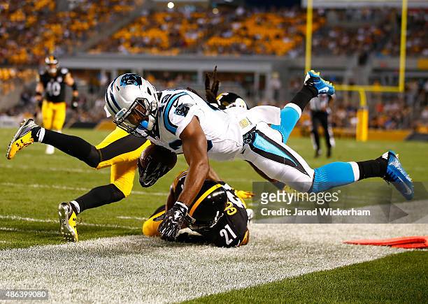 Fozzy Whittaker of the Carolina Panthers is pushed out of bounds by Robert Golden of the Pittsburgh Steelers in the first half during the game at...