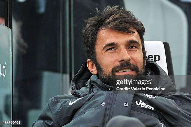 Mirko Vucinic of Juventus sits on the bench during the Serie A match between Juventus and Bologna FC at Juventus Arena on April 19, 2014 in Turin,...