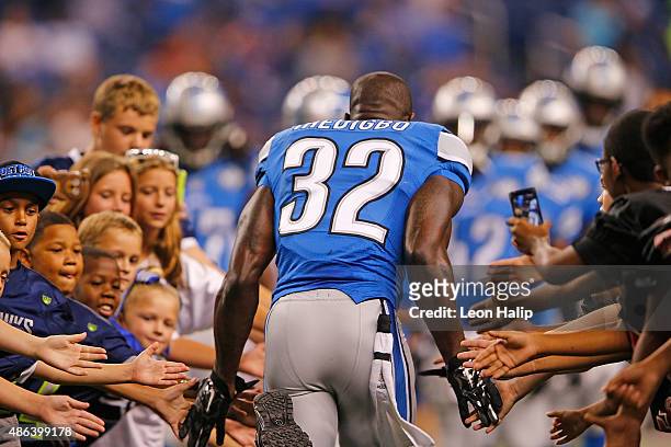 James Ihedigbo of the Detroit Lions is introduces prior to the start of the preseason game against the Buffalo Bills on September 3, 2015 at Ford...