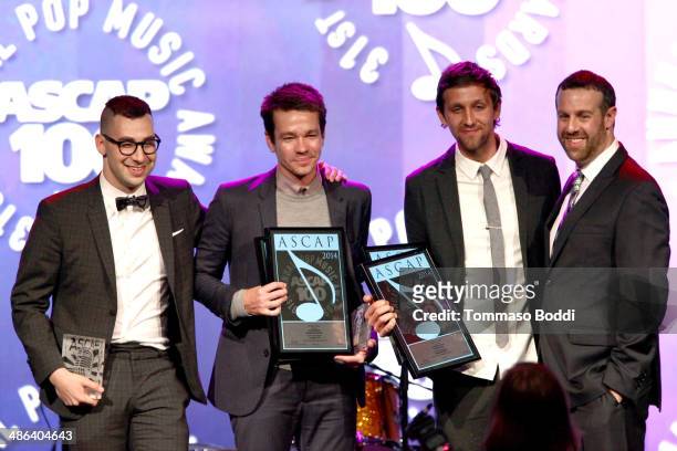 Singers Jack Antonoff, Nate Ruess, and Andrew Dost of the group fun speak during the 2014 ASCAP Pop Awards at Lowes Hollywood Hotel on April 23, 2014...