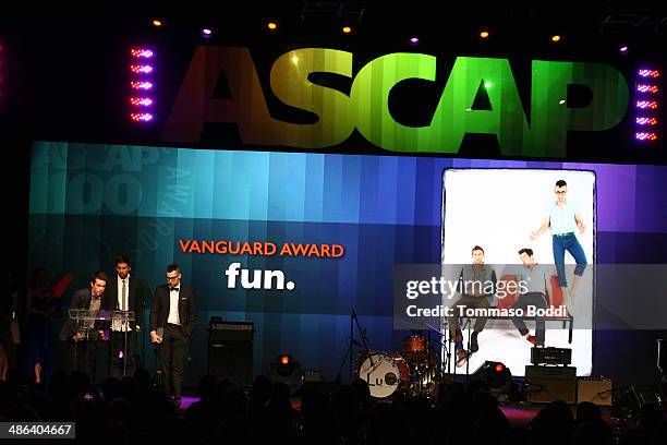 Musicians Jack Antonoff, Nate Ruess, and Andrew Dost of the musical group Fun speak during the 2014 ASCAP Pop Awards at Lowes Hollywood Hotel on...