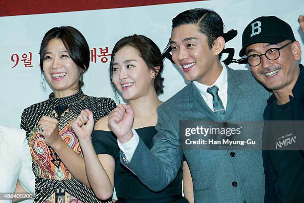 South Korean actors Jeon Hye-Jin, Moon Geun-Young and Yoo Ah-In attend the press conference for "Sado" at MEGA Box on September 3, 2015 in Seoul,...