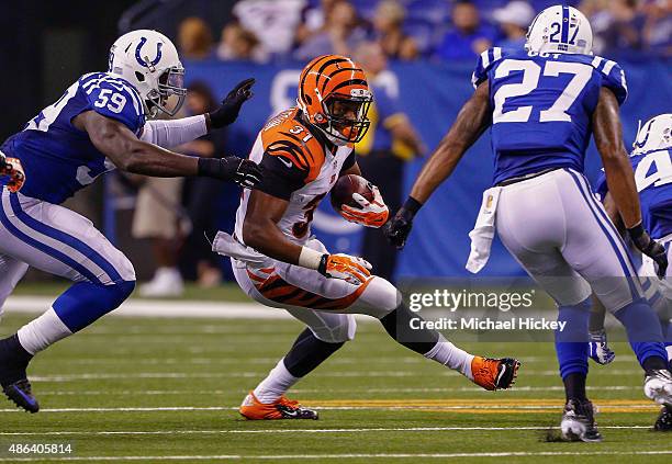 Terrell Watson of the Cincinnati Bengals runs the ball against the Indianapolis Colts at Lucas Oil Stadium on September 3, 2015 in Indianapolis,...