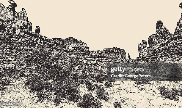 stockillustraties, clipart, cartoons en iconen met park avenue rock formations in arches national park - jeneverbes conifeer