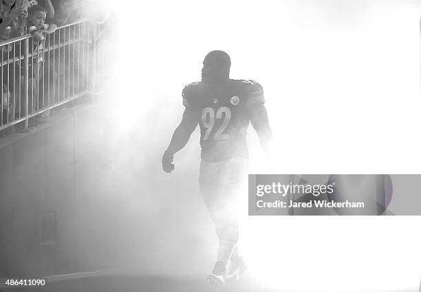 James Harrison of the Pittsburgh Steelers takes the field during introductions prior to the preseason game against the Carolina Panthers at Heinz...