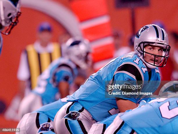 Quarterback Jake Delhomme of the Carolina Panthers yells out calls during a preseason game against the Cleveland Browns on August 26, 2005 at...