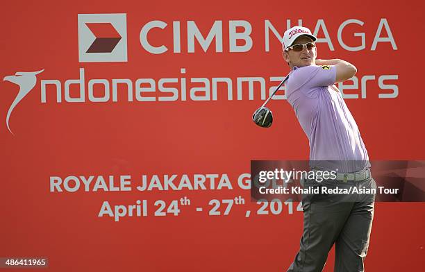 Bernd Wiesberger of Austria in action during round one of the CIMB Niaga Indonesian Masters at Royale Jakarta Golf Club on April 24, 2014 in Jakarta,...