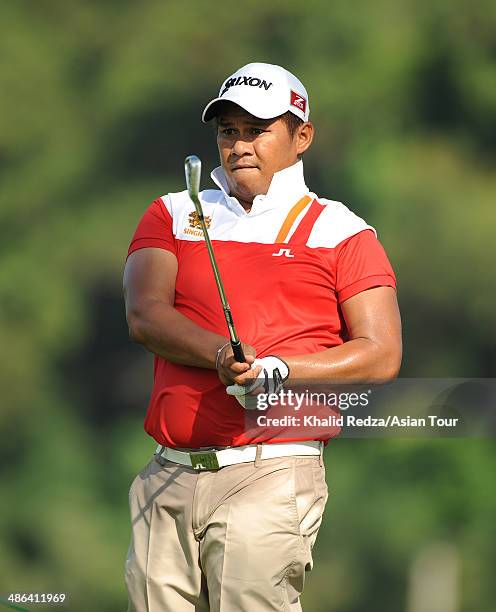 Chapchai Nirat of Thailand in action during round one of the CIMB Niaga Indonesian Masters at Royale Jakarta Golf Club on April 24, 2014 in Jakarta,...